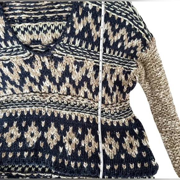 Free People Chunky Knit Navy and Tan Hooded Sweater - Picture 3 of 5